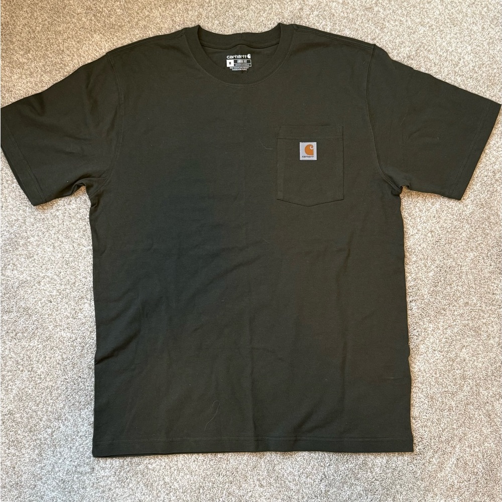 Carhartt Short-Sleeve Pocket Tee in green with Tan Logo